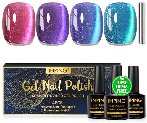 INPING Smalto Semipermanente Unghie Magnetico HEMA-FREE TPO-FREE, 4 Colori Rosa Viola Blu Jelly Cristallo Cat Eye Smalti Semipermanenti per Unghie Soak Off UV/LED Nail Polish UV LED, 8 ML