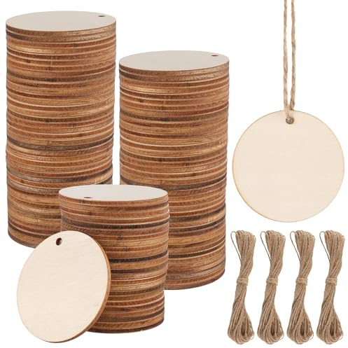 ZEONHEI 200 Stück 5cm Holzscheiben mit Loch, Rund Holzplatte Klein Holzplättchen, Holzanhänger zum Bemalen mit 10m Hanfseil für DIY Handwerk, Heimdekoration, Geschenkanhänger