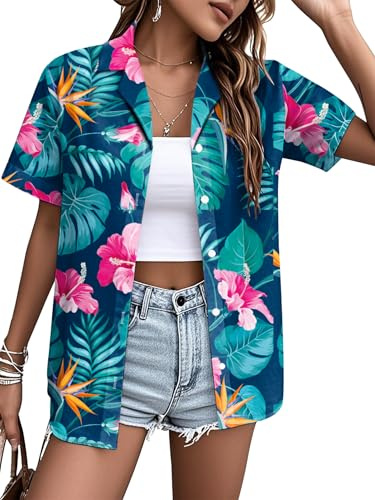 VVNTY Hawaii-skjorta damer blommig button down blus skjorta kvinnor sommar strand fest kortärmad Hawaii-skjorta
