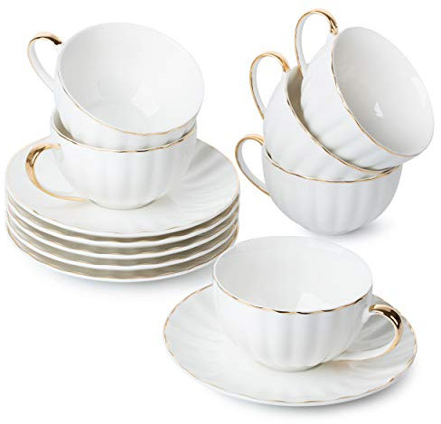 BTaT- Tea Cups and Saucers Set of 6 (7 oz) With Gold Trim, Cappuccino, Coffee, White Porcelain Set, British Style, Latte Cups