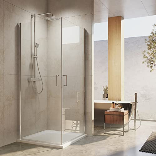 EMKE Duschkabine 90x90cm Eckeinstieg Duschabtrennung Glas Doppelt Schwingtür Duschtür Nische Pendeltür Duschwand für Dusche Duschkabinen Dusche Falttür 195cm