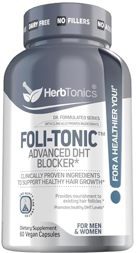 Hair Growth Vitamins for Women & Men | DHT Blocker with Saw Palmetto & 10000mcg Biotin, Foli Tonic Hair Growth Supplement – Supports Fuller, Thicker Hair Appearance, Non-GMO, 60 Vegan Capsules