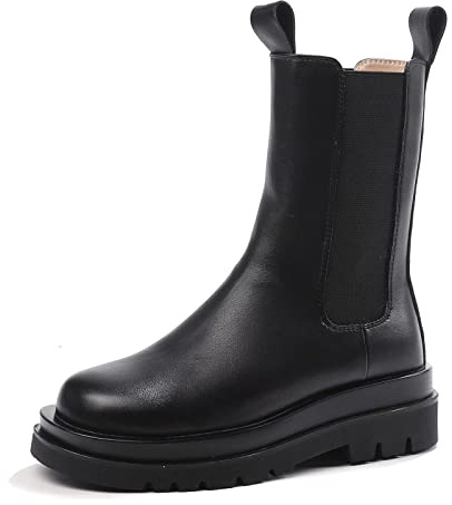 Platform Chelsea Boots Women Chunky Fashion Winter Stretch Thick Heel Waterproof Casual Combat Smoke Tube Ankle Boots Black High Tube Size 6.5 UK