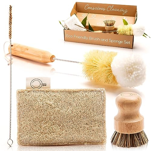 Bamboo Dish Brush Set - Handmade Wooden Dish Brush Kit with Non-Scratch Bamboo Scrub Brush, a Long Sisal Bottle Scrubber, a Loofah Cellulose Natural Sponge, and a Sturdy Straw Cleaning Brush