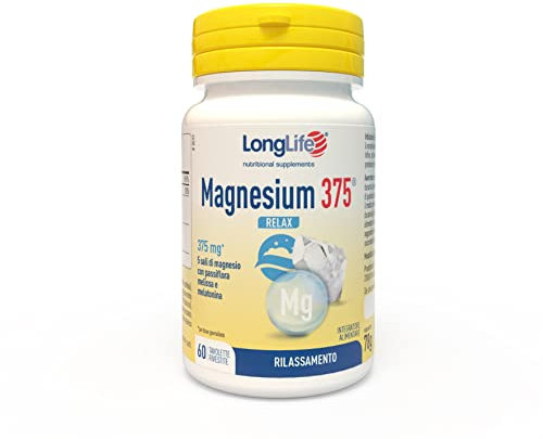 LongLife Magnesium 375® Relax | Ciclo del sonno e rilassamento | 5 sali di magnesio ad alta biodisponibilità | Melatonina ed estratti di passiflora e melissa | 60 tabs | Senza glutine e doping free