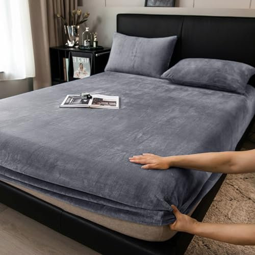 Boqingzhu Flauschige Plüsch Spannbettlaken 90x200cm Grau Fleece Flanell Cashmere Touch Spannbetttuch Winter Kuschelig Bettlaken für 25 bis 30cm Matraze