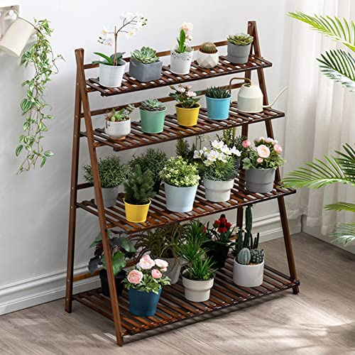 LIGUOYI 4 Tier Ladder Plant Shelves, Folding Flower Pot Holder Garden Display Shelf 4 Colors Flower Pot Stands Bamboo Holder Planter Display Shelf for Home Garden Patio Balcony Étagère À Plantes