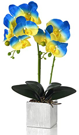 YSZL Artificial Potted Orchid Faux Phalaenopsis Silk Flowers Bonsai Realistic Arrangement in Silver Vase for Home Decoration Table Centerpiece, Blue/Yellow