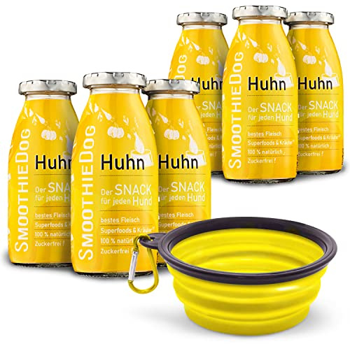 Hunde Smoothie SmoothieDog 6er Huhn + Reisenapf Gelb - Flüssiges Hundeleckerli - Zucker- & glutenfrei - Napf, faltbar - je 250ml