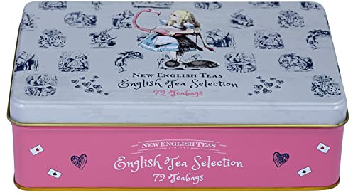 New English Teas Alice in Wonderland Tea Tin with 72 Tea Bags - Pink | English Breakfast + Earl Grey Blends