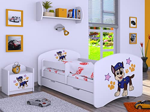 BDW Kinderbett Super Hunde - Babybett mit Matratze und Schublade - Bequem und Langlebig Rausfallschutz Bett - Kinderzimmer - Weiß (Motiv 5) - 140x70
