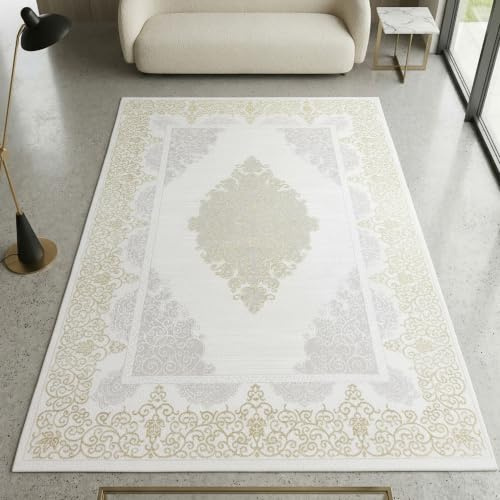CARPETIA Teppich Mäandermuster Creme Gold mit Glanzeffekt 200x290 cm | Pflegeleicht, strapazierfähig und schmutzabweisend, OEKO-TEX geprüft, für Fußbodenheizung, mit Glanzeffekt