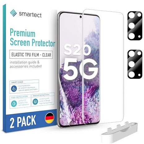smartect TPU Schutzfolie 2 + 2 Stück für Samsung Galaxy S20, Displayschutz + Kameraschutz, HD Panzerfolie Anti-Kratzer, Ultra-klar, Blasenfrei, Fingerabdruck kompatibel, Hüllenfreundlich