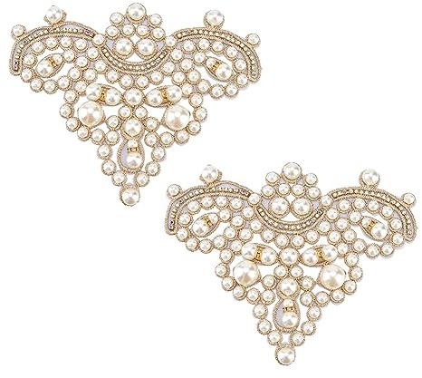 FINGERINSPIRE 2 Stück Perlen Schuhaufnäher Goldfarben Zum Aufnähen von Strass Imitationsperlen Perlenapplikationen DIY Applikationsaufnäher Glitzernde Perlen Blumenmuster Aufnäher Applikationen