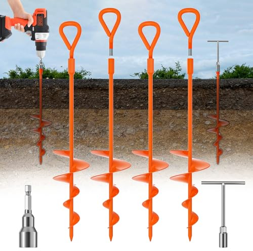 Phopich 18 Long Ground Anchor, Heavy Duty Earth Anchors 18 inch Ground Anchors Screw in Kit with T-Handle Hex Wrench for Camping Tent, Swing Sets, Securing Animals, Sheds, Trampoline(4 Pcs) (Orange)