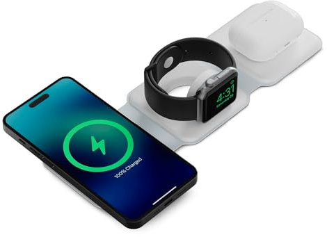 KSIX Cargador inalámbrico 3 en 1, Carga rápida 15W, Plegable, Compatible, para móviles Qi, Apple Watch y AirPods, Blanco