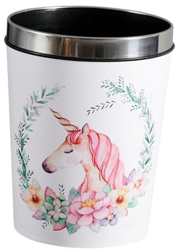 OFFSCH Round 12L Unicorn Pattern Trash Bin Cartoon Garbage Can Pressing Ring Suitable for Bathroom Kitchen Children's Room Office Easy to Clean Non Slip Base
