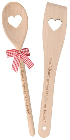 Spruchreif 2er Set Kochlöffel & Pfannenwender aus Holz mit Gravur „Bei Uroma schmeckts am besten“ – Küchenhelfer für Uroma & Familie