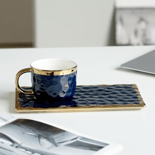 FülleMore 180ml Espressotasse mit großer Untertasse Porzellan Goldrand Cappuccino-Tasse Moderne Kaffeetasse mit Kuchenteller und Löffel für Latte,Mokka,Tee,Café,Zuhause (Blau)