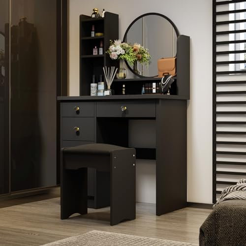 PREMTURE Schminktisch mit Hocker und 5 Schubladen, Frisiertisch, Kosmetiktisch, Eckschminktisch mit großem runden Spiegel, Schminktische, Schwarz, MDF, 80 B x 40 T x 135H cm