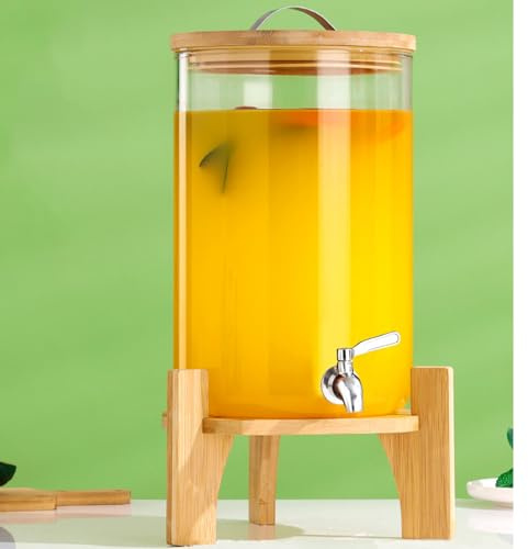 Hisredsun 10L Iced or Hot Glass Drink Dispenser with Stainless Tap | Dishwasher safe and includes bamboo stand,Thickened high borosilicate glass withstands -20°C to 150°C