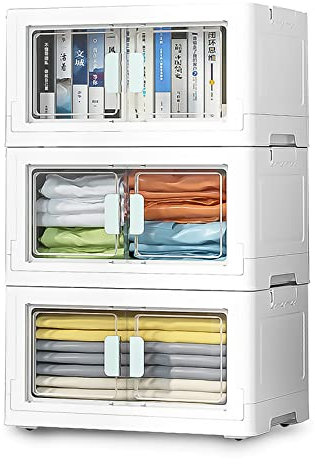 Warmiehomy Stackable Storage Boxes with Lids 50L*3 Tier Plastic Storage Drawers Wheels, Foldable Collapsible Bins, Front Door Opening Stacking Boxes Containers for Office Home Organisation