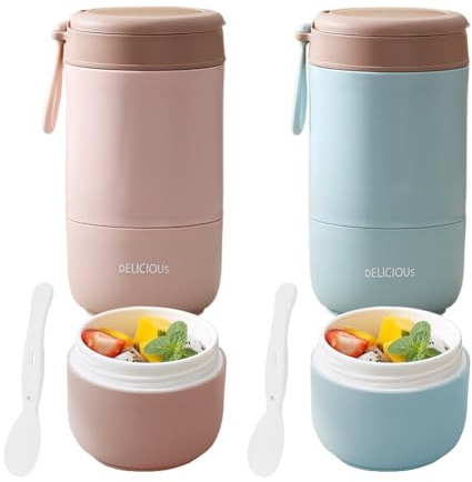 CEWROM Müslibecher To Go mit Deckel, 2 Pcs Thermobehälter Für Essen 730ml, PP-Material Porridge Becher Joghurtbecher To Go Löffel, Doppelschicht Müslibecher Auslaufsicherer Joghurtbecher