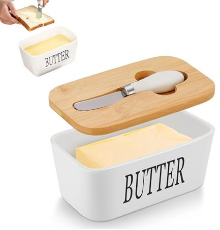 Large Butter Dish with Lid and Knife, Ceramic White Butter Dish with Lid for Butter Nuts Cheese 350 ml