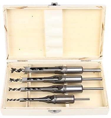 Dunxiles 4PCS 6.4/8/9.5/12.7mm Woodworking Tools Kit Set Square Auger Mortising Chisel Drill Bits Square Hole Extended saw,4PCS WITH WOOD BOX