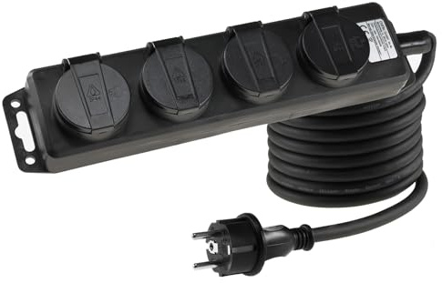 4-vägs grenuttag för utomhusbruk med 4 jordade uttag, gångjärnsförsett lock, 5m kabel, IP44 multiuttag för inomhus- och utomhusbruk, 230V 16A, svart