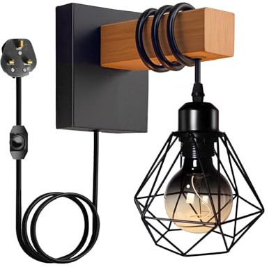louawieng Plug in Wall Light, Dimmable Industrial Wood Wall Lamp, Black Wall Sconce with Switch Cord E27 Socket, Aesthetic Decorative DIY Wiring Indoor Lighting for Bedroom Living Room (No Bulb)