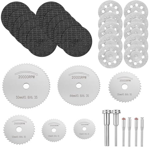 Lot de 32 disques à tronçonner diamantés, 22 mm, pour outil rotatif Dremel, mini disques diamantés, 10 x 32 mm en résine, 6 lames de scie circulaire HSS, 6 mandrins (38/50 mm), pour carrelage, pierre