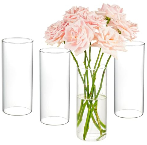 KAMJUNTAR Vases for Flowers Glass 4pcs 8 Inch Cylinder Vases for Centerpieces Flower Vase Clear Vase for Homer Decor Simplistic Gifting Wedding Decorative