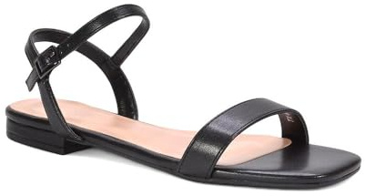 ESSEX GLAM Women's Flat Strappy Sandals Ladies Ankle Strap Open Toe Buckle Black Synthetic Leather Shoes Size 7