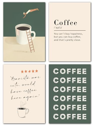 LAVEMA Kaffee Bilder Küche Grün Poster Set A4 (21x30cm) Retro Modern Café Küchenbilder Barista Wanddeko Esszimmer Bilderwand Büro Küchendeko Kitchen Wandbilder Wandposter ohne Bilderrahmen