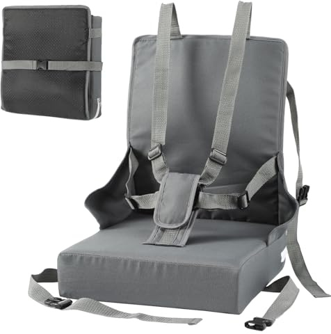 Eikuavons Sitzerhöhung Stuhl Kind, Sitzkissen Tragbare,sitzkissen kinder stuhl,Verstellbarem 5 Punkte Sicherheitsgurt,Kindersitz Rutschfest,Baby Sitzerhöhung mit Aufnahmebeutel,Grau