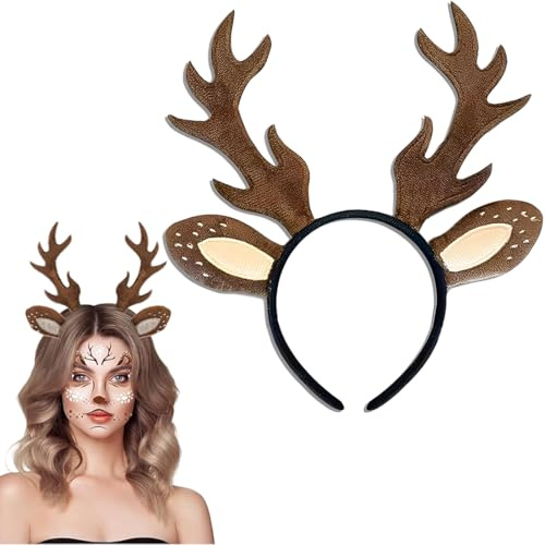 Geweih Kopfschmuck, mit Glitzer Gesichtstattoo, Rentier Haarreifen, Rentier-Geweih Stirnband, Weihnachts Haarreif, für Halloween Weihnachten Karneval Kostüm Party Cosplay Damen Mädchen