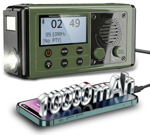 ZDAGELD Radio de Survie Multifonction Dab+/FM, 10000mAh, Étanche IPX6, Charge Solaire & Manivelle, Haut-Parleur BT, Lampe Torche & Alarme SOS, pour Camping Urgence (Vert Foncé)