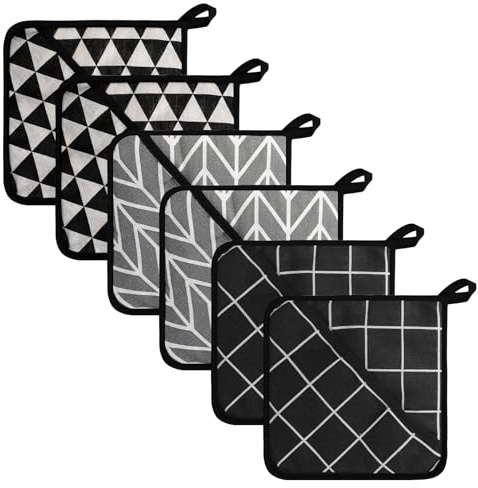 XRVRILE Set di presine resistenti al calore, 18 x 18 cm, 6 pezzi, lavabili, guanti da cucina, colore: nero e grigio