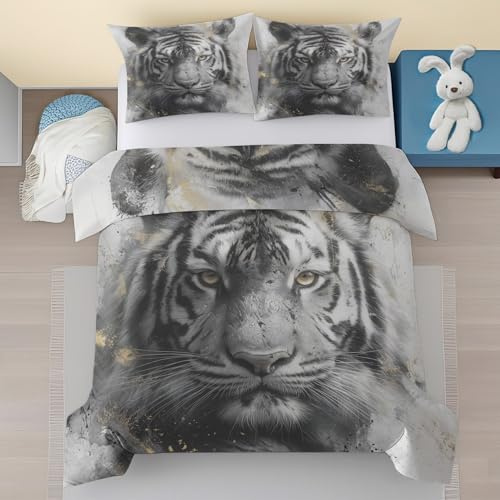 Generisch Tiger Baby Bettwäsche Set 100x135 - Safari Tiere Muster Kinderbettwäsche 2 Teilig - Schwarz Weiß Wildtiere Mikrofaser Bettbezug, 1 Kissenbezug 40x60 mit Reißverschluss U9iJ47