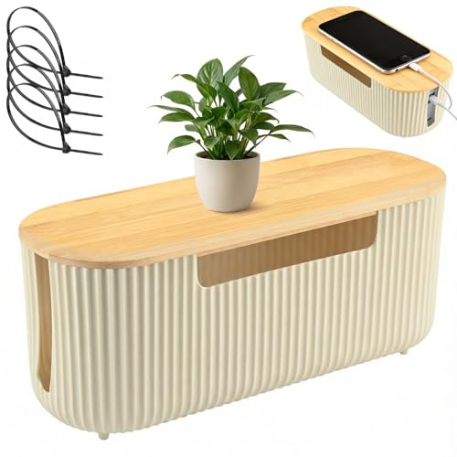 Cable Tidy Box, Cable Management Box Cord Hider Organizer with Bamboo Cover & 5 Cable Ties, Large Wire Box for Hiding Messy TV Wires, Power Strips, Computer, Home Office Desk and Floor (Beige)