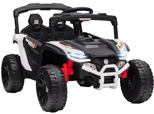 AIYAPLAY Coche Eléctrico para Niños 12V, UTV con 2 Motores, Control Remoto 2,4G, 3-5 km/h, Suspensión Trasera, Faros, Música, para Niños de +3 Años, Blanco