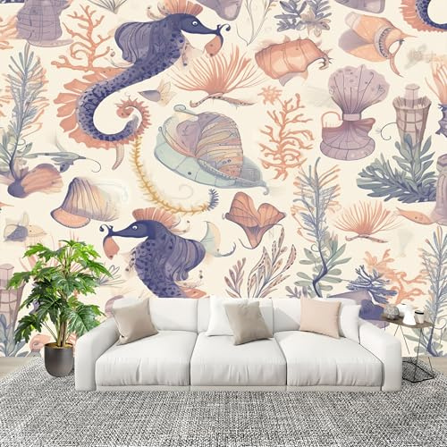 Genérico Papel Pintado Panorámico 300x210 cm OcéAno Animales Coral Tema. Personalizable Fotomurales No Tejido Póster Pared Decoración Beige 3D Duradero y Resistente a las manchas Fotomurales