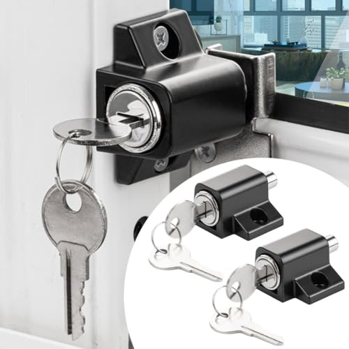 Serrature per porte scorrevoli in UPVC, confezione da 2, in acciaio zincato, alluminio e acciaio inox, con pulsante di blocco e rilascio a chiave, colore nero