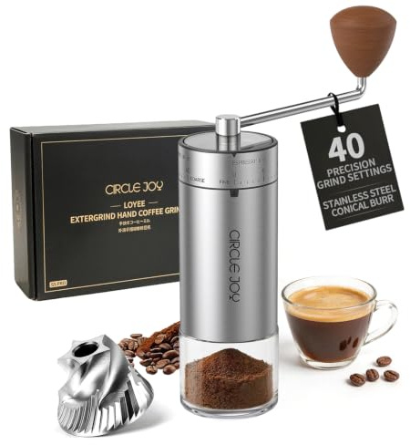CIRCLE JOY Mini Molinillo de Café Manual Portátil con Muelas Cónicas de Acero Inoxidable y 40 ajustes externos, Molinillo de Café de Mano de Acero Inoxidable para Casa, Camping y Viaje, Plateado