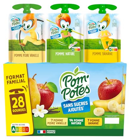 POM'POTES® Compote Sans Sucres Ajoutés Pomme Poire Vanille Banane 28x90g | Gourde, Pommes Françaises, Source De Fibres, Nutri-Score A, 3 Ans Et Plus