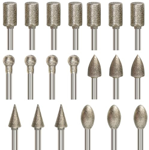 20Pcs Diamond Grinding Bit Set, Grit 60 1/8 3mm Shank Diamond Burr Bits | Stone Carving Burrs Drill Stone Glass Ceramics Grinding Polishing Compatible with Dremel Rotary Tools