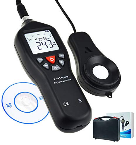 Digital Light Lux Meter with Data logging Function Measurement Range 0 to 200,000 Lux Auto Ranging Instrument Detachable sensors used in the home, light pollution outdoors,
