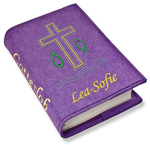 Gotteslob Gotteslobhülle Großdruck Kreuz gold Fische grün Filz mit Namen bestickt hellgrau weiß dunkelgrau lila blaugrau dunkelblau türkis maigrün flieder, Farbe:lila