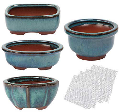 kilofly Happy Bonsai - Set di 4 mini vasi smaltati con 4 reti di drenaggio morbide